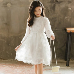 Kids Dresses Teenage White Wedding Party Lace Girl Dress Long Sleeve 4 6 7 8 11 Years