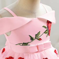 Girls Dress Rose Embroidery Off Shoulder Princess Dresses Children Clothing Birthday Wedding Party Dress Formal Occasion Dress