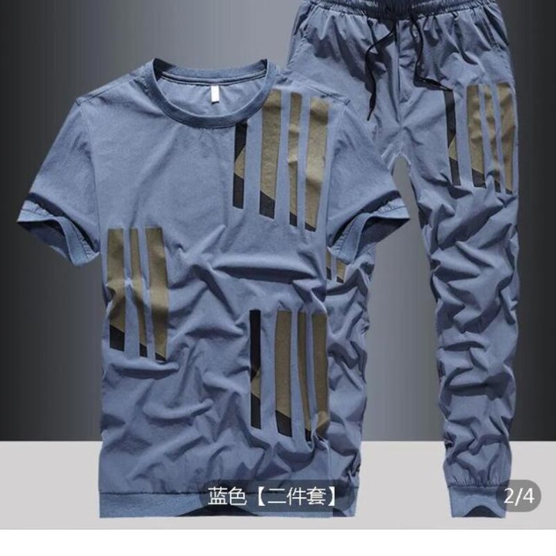 Summer new ice silk suit male summer youth fashion brand short sleeve T-shirt male loose pants casual sportswear male