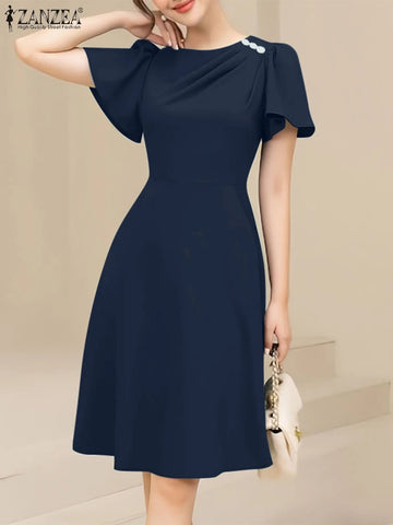 ZANZEA Elegant Women Dresses 2025 Summer  Fashion Short Sleeve Work OL Sundress Casual Party Knee-length Vestido Robe Femme