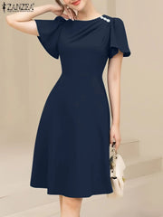 ZANZEA Elegant Women Dresses 2025 Summer  Fashion Short Sleeve Work OL Sundress Casual Party Knee-length Vestido Robe Femme