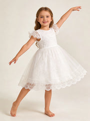 Summer Girls Sweet And Cute Flying Sleeves Solid Color Lace Princess Dress Fashionable Casual Dress