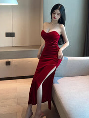 2023 Summer Women's Sexy Temperament ceremonial dress Wrapped Chest backless High Split Velvet Wrapped Hip Red Long