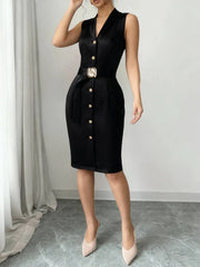 Midi Dress Spring Summer Women Black Sleeveless Blazer Collar Belted Button Front Bodycon Elegant Professional Office Dress