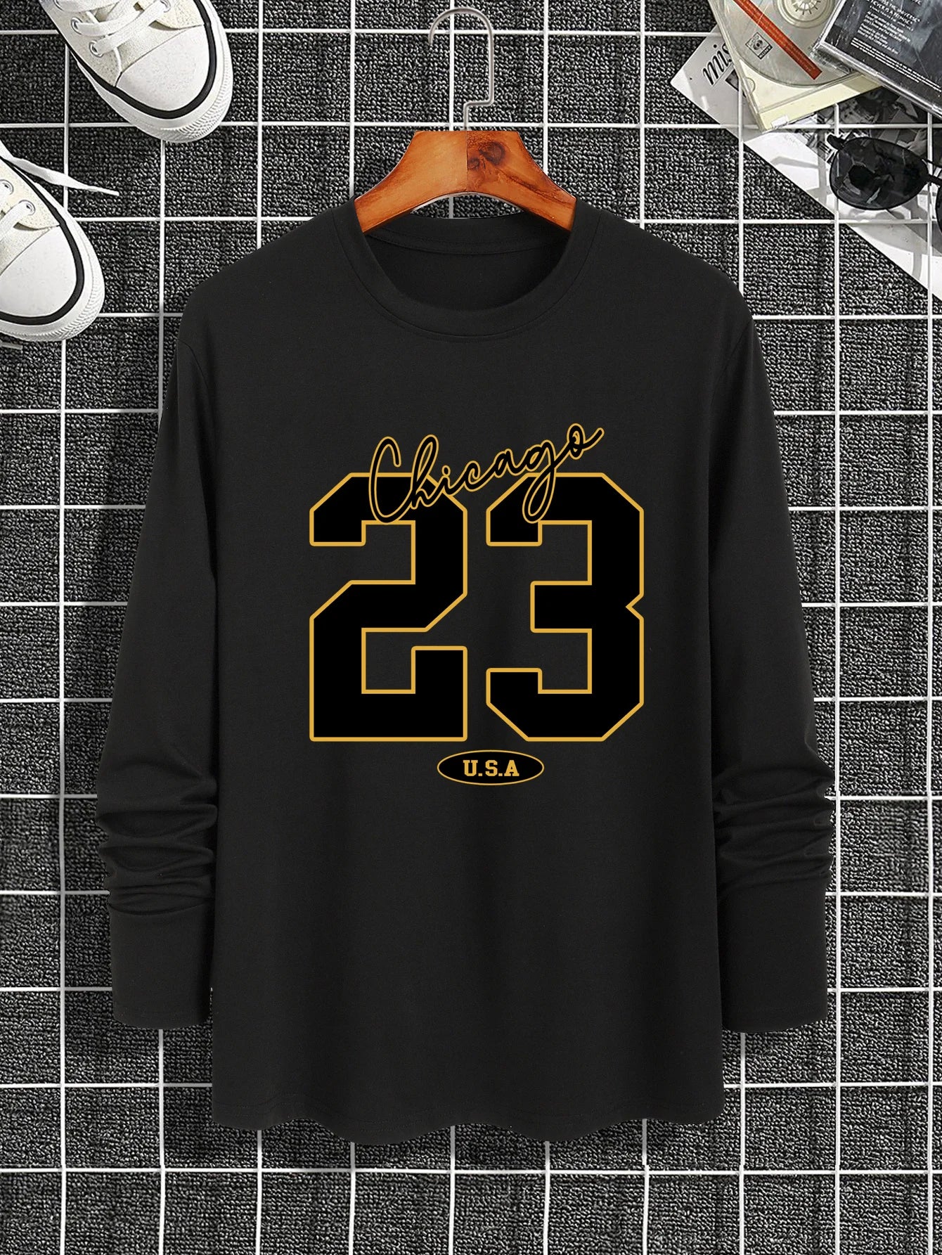 New long-sleeved T-shirt men's printed round neck long-sleeved T-shirt trend versatile casual tops men's clothing summer