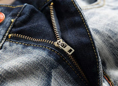 Jeans Men Vintage Distressed Pencil Pants Mid Waist Zipper Pockets Slim Ankle Length Trousers