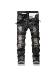 Punk Street Style Ripped Skinny Jeans Men Vintage Wash Solid Denim Trouser Mens Casual Slim Fit Pencil Denim Holes Pants 2025