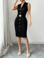 Midi Dress Spring Summer Women Black Sleeveless Blazer Collar Belted Button Front Bodycon Elegant Professional Office Dress