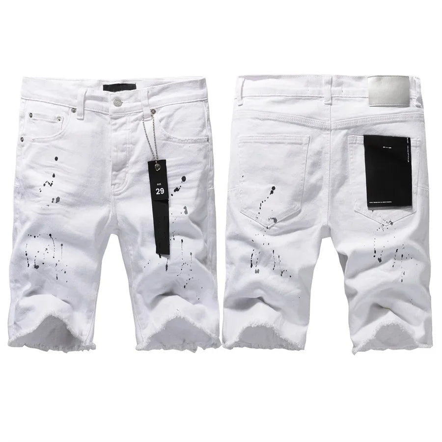 Top quality New Purples Jeans Men Trendy Elastic Edged Middle brands Pants Irregular white Color Washed Denim Shorts pants