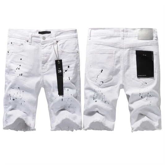 Top quality New Purples Jeans Men Trendy Elastic Edged Middle brands Pants Irregular white Color Washed Denim Shorts pants