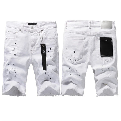 Top quality New Purples Jeans Men Trendy Elastic Edged Middle brands Pants Irregular white Color Washed Denim Shorts pants