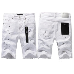 Top quality New Purples Jeans Men Trendy Elastic Edged Middle brands Pants Irregular white Color Washed Denim Shorts pants