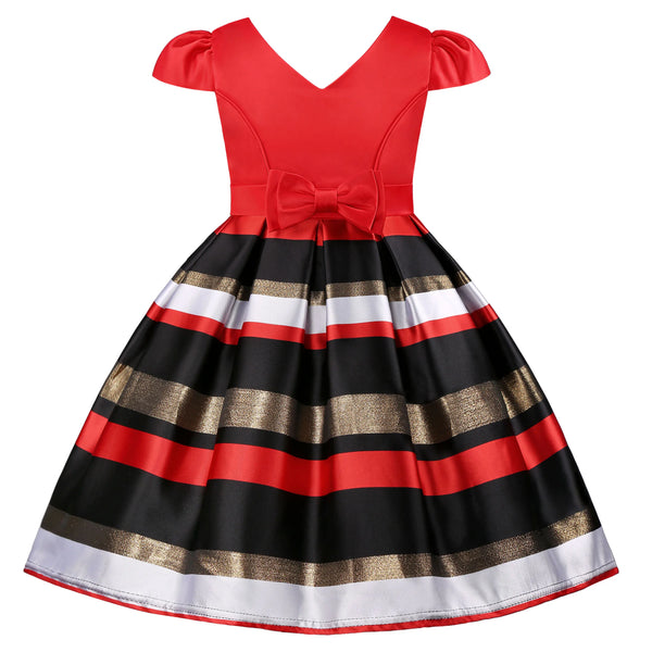 Hot new children's striped dress with bow little girl birthday party piano performance dress dress