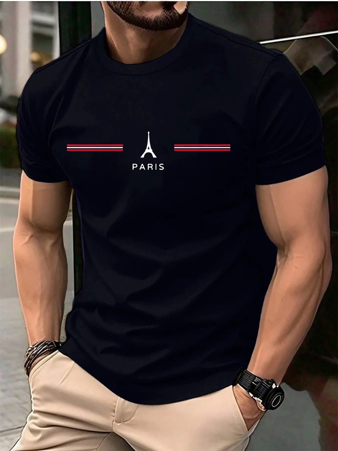 Men's 100% pure cotton summer loose oversized casual Paris letter printed sports round neck short sleeved T-shirt top