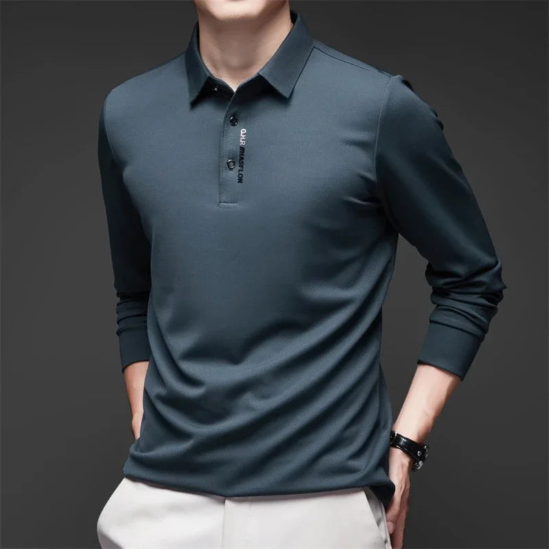 New Men's Business Casual Long Sleeved Shirt with Badge Solid Color Polo Shirt