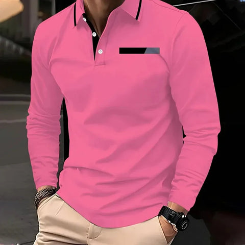 2025 Summer Men's long-sleeved lapel casual polo shirt Breathable and comfortable shirt Solid polo shirt High-quality