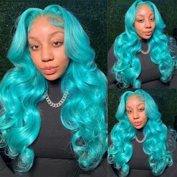 13x6 Teal Ocean Blue Lace Front Wig Human Hair Body Wave 613 Blonde hair