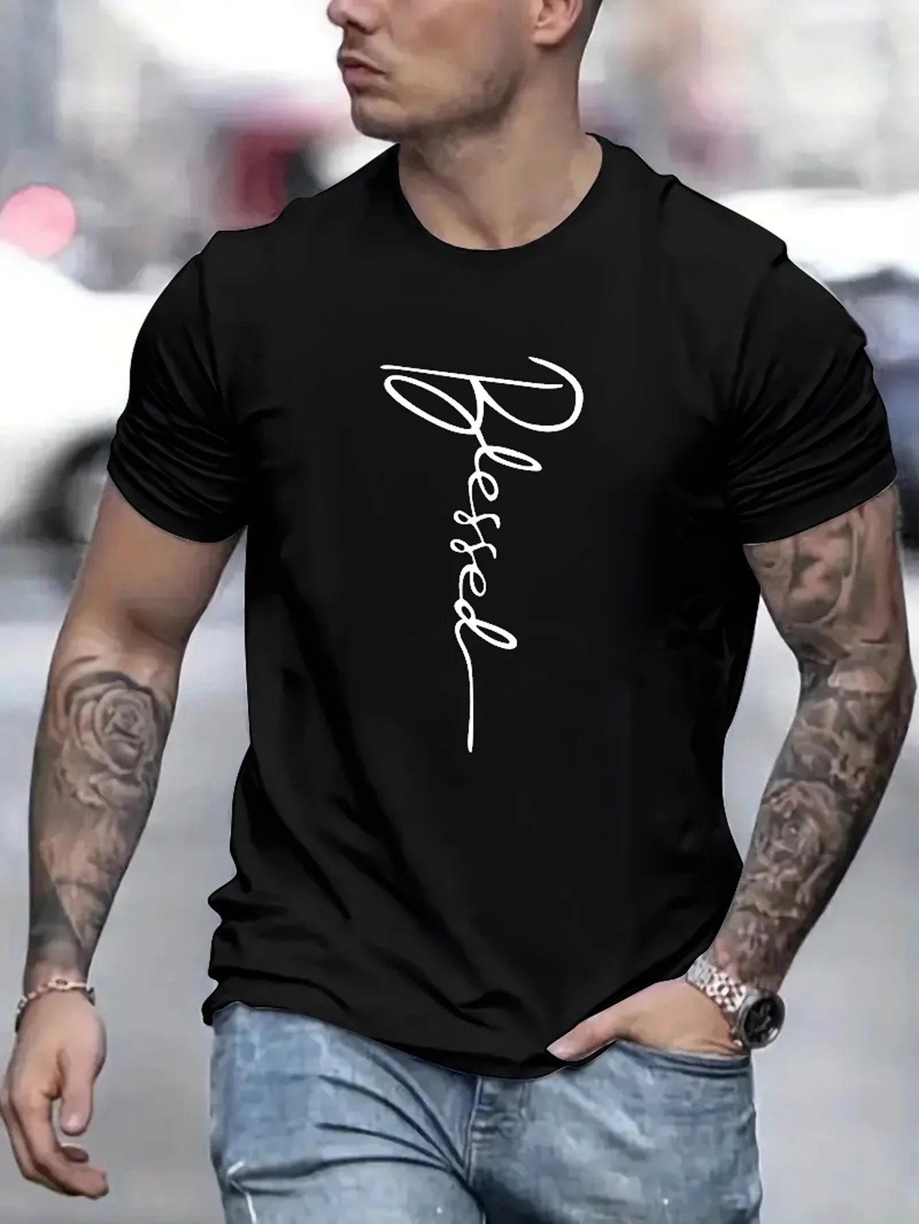 Men's summer loose fit oversized Blessed printed slim fit casual sports round neck short sleeve