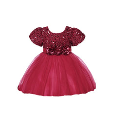 Fashion Puff Sleeve Girls Princess Evening Dress Flower Shiny Glitter Summer Lace Dress Sweet Bowknot Party Dress Skirt Party