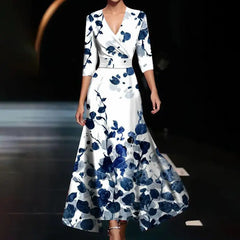 Fashionable V-neck Three-quarter Sleeve Dress For Women Spring Autumn New Elegant Waisted Floral Printing Casual Dresses Female