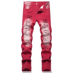 American Fashion Street Style Ripped Skinny Jeans  Street Riding Stretch Slim Fit Straight Pants Patchwork  Denim Trousers Male