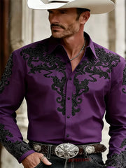 Men's Western Cowboy Style Fashion Print Long-Sleeve Shirt, Retro Lapel Slim Fit, Outdoor Casual Shirt, Sizes XS-6XL, 21 Colors