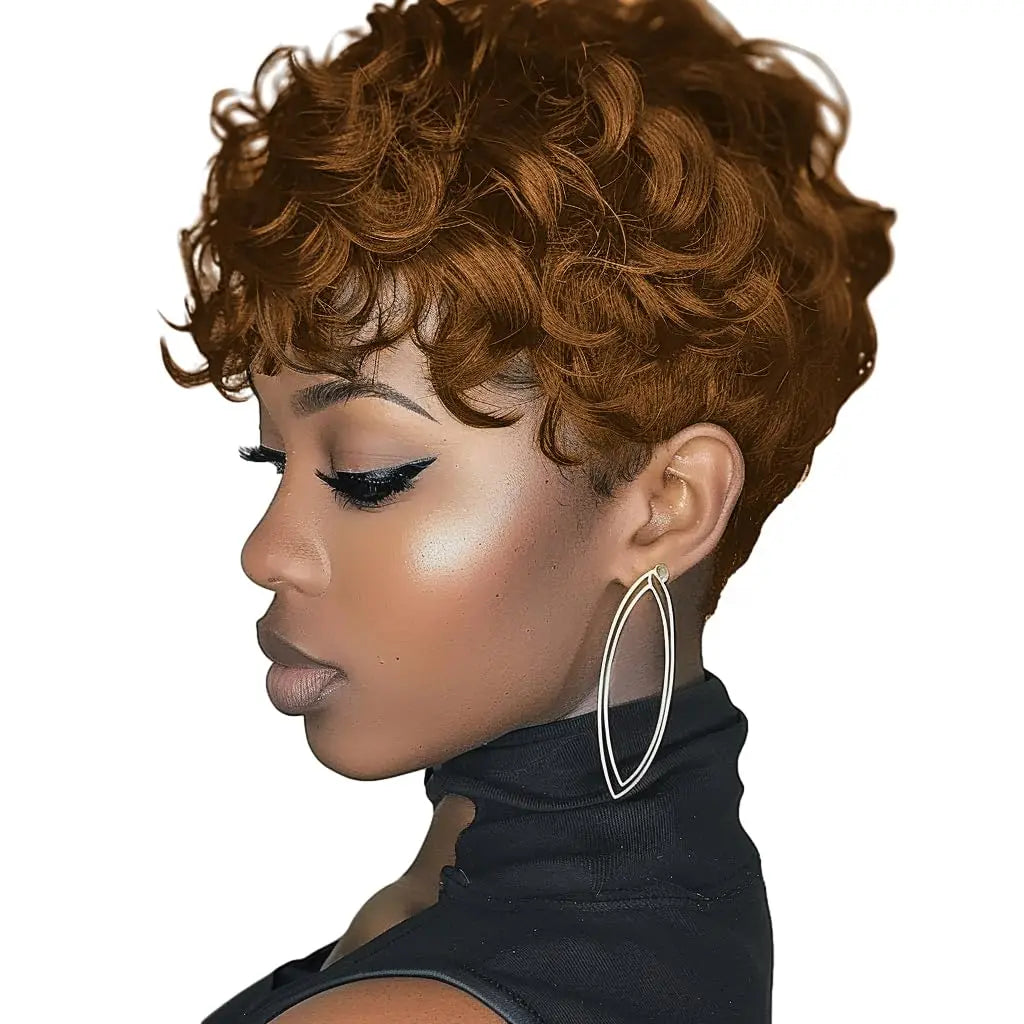 Black women's short elf wig with bangs, layered style, curly synthetic short hair wig, women's short curly wig