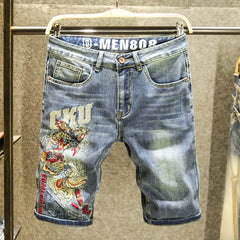 Harajuku Fashion Luxury Brand Men's Summer Embroidered Jeans Knee