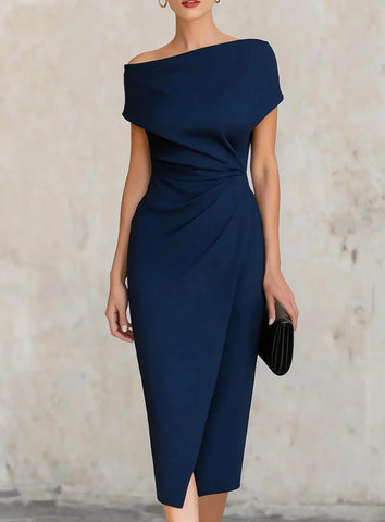 Women's Off Shoulder Ruched Bodycon Midi Dress for Cocktail Party