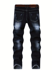 Motorcycle Trendy Straight Men's Jeans Elastic Washed Fashion Streetwear Denim Pants Embroidery Hip-Hop Trousers (Without Belt)