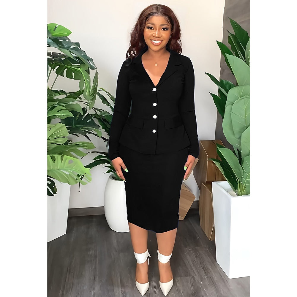 Women Blazer 2 Piece Skirt Sets Fashion Long Sleeve Single-breasted Tops Midi Skirt Suits Dashiki Ladies Office African Clothing