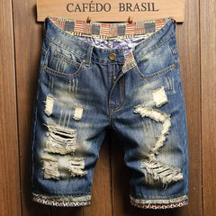 2025 Summer Ripped Denim Shorts Jeans Men's Five Quarter Loose Size Medium Pants Fashion Brand Personality Beggar