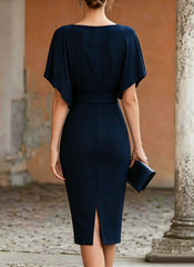 Women's Short Sleeve Midi Dress Cowl Neck Draped Cape Top Bodycon Skirt Elegant Party Evening