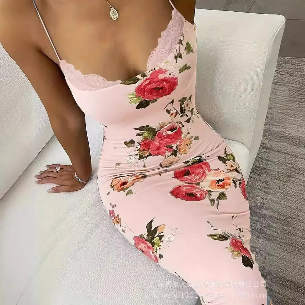 Print Sleeveless Sling Dress Women Party Night Prom Long Dresses Slim Fit Lace Spliced Streetwear Elegant Sexy Vestidos