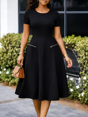 2026 Women's Elegant Simple Solid Color Dress Round Neck A-Line Shape Slimming Effect Waist-Slimming Full Dress