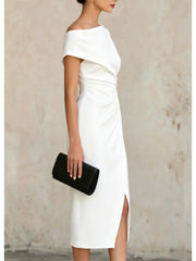 Women's Off Shoulder Ruched Bodycon Midi Dress for Cocktail Party