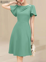 ZANZEA Elegant Women Dresses 2025 Summer  Fashion Short Sleeve Work OL Sundress Casual Party Knee-length Vestido Robe Femme