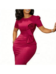 Casual Basic Women's Ruffled 3D Flower Short Sleeve Bodycon Mid Pencil Dress Elegant