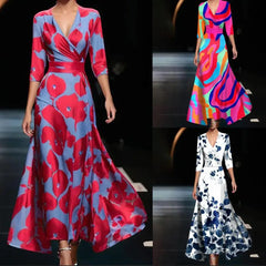 Fashionable V-neck Three-quarter Sleeve Dress For Women Spring Autumn New Elegant Waisted Floral Printing Casual Dresses Female