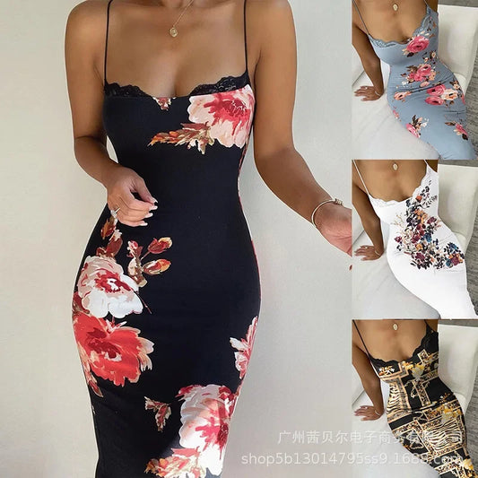 Print Sleeveless Sling Dress Women Party Night Prom Long Dresses Slim Fit Lace Spliced Streetwear Elegant Sexy Vestidos