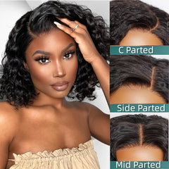 Short Curly Water Wave Human  Bob Wigs Transpare Lace F