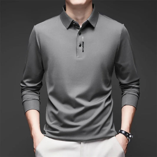 New Men's Business Casual Long Sleeved Shirt with Badge Solid Color Polo Shirt