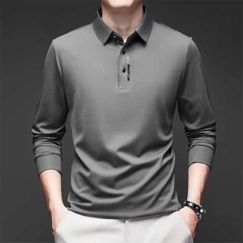 New Men's Business Casual Long Sleeved Shirt with Badge Solid Color Polo Shirt