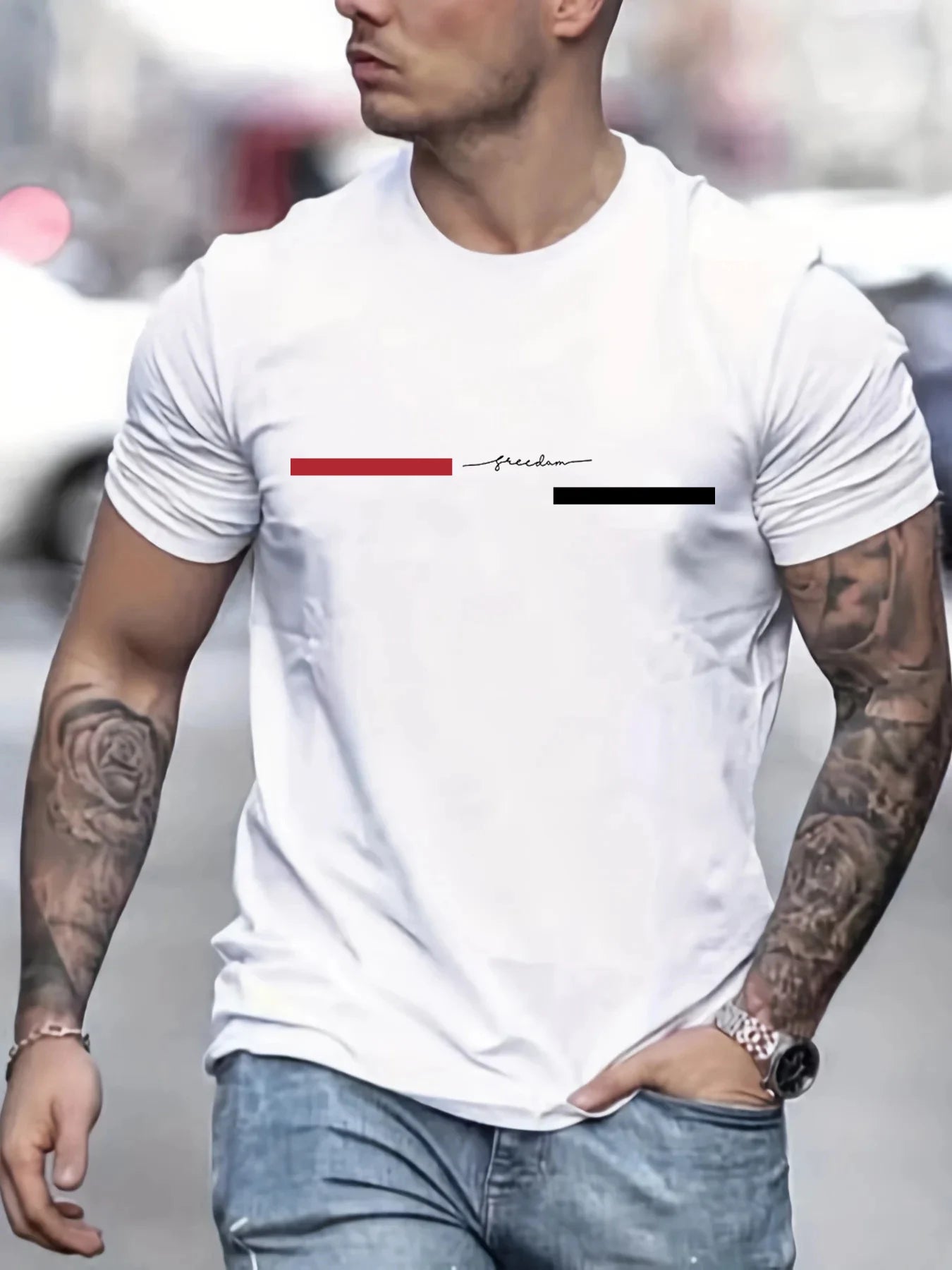Summer men's 100% pure cotton casual loose freedom letter printed sports comfortable round neck short sleeved T-shirt top