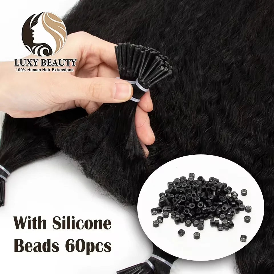 Kinky Straight Microlinks Hair Extensions Human Hair Natural Black Keratin I Tip Nano Ring Hair Extension Silicone Beads 50g/Set