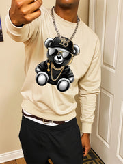 Men's autumn and winter fashionable casual loose cool bear cartoon graphic print fleece long sleeved