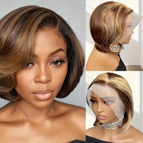 13X4 FRONTAL LACE REMY WIG FOR WOMEN 8 INCH SHORT STRAIGHT PIXIE CUT HUMAM HAIR WIG 427 /NATURAL BLACK