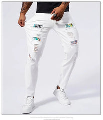 White 97% Cotton Jeans Men Clothing New Ripped Slim Patchwork Fashion Hole Skinny Elasticity Denim Trousers Male Streetwear