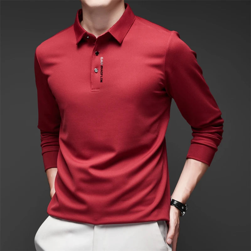 New Men's Business Casual Long Sleeved Shirt with Badge Solid Color Polo Shirt