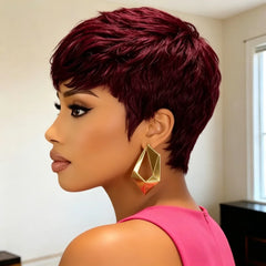 Human Hair Short Pixie Cut Wig for Women -Burgundy 99J Short Straight